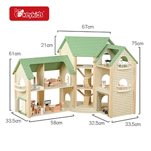 Three-Story Wooden Princess Dollhouse Villa Corner Design with Balconies, Garage & Furniture, Pretend Toy W06A595