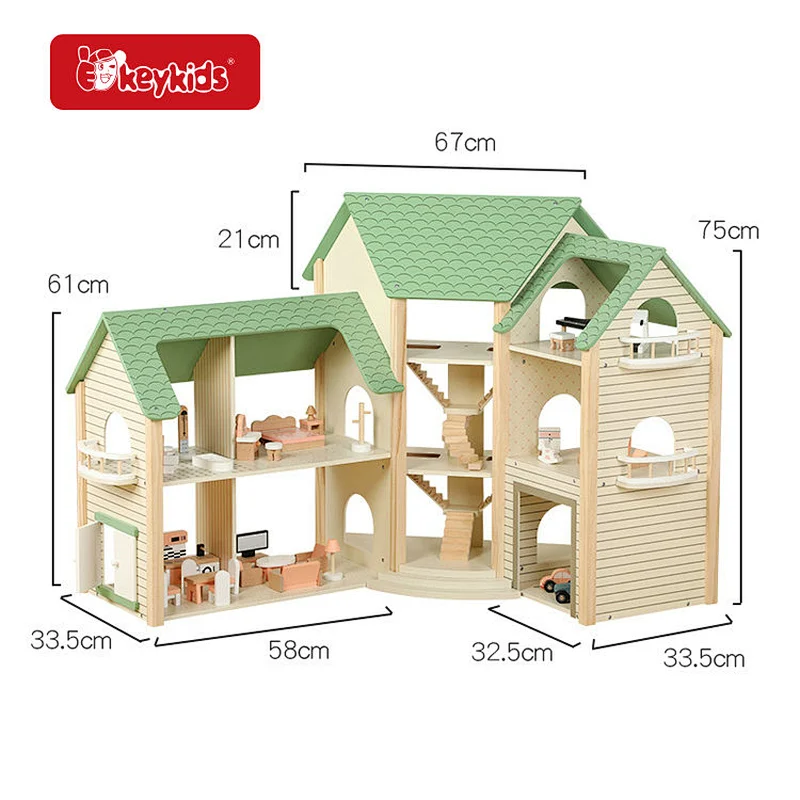 Three-Story Wooden Princess Dollhouse Villa Corner Design with Balconies, Garage & Furniture, Pretend Toy W06A595